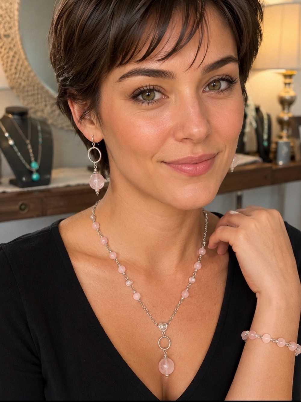 Rose & Silver tone Necklace, Earrings and Bracelet Set. Marilisa Designs